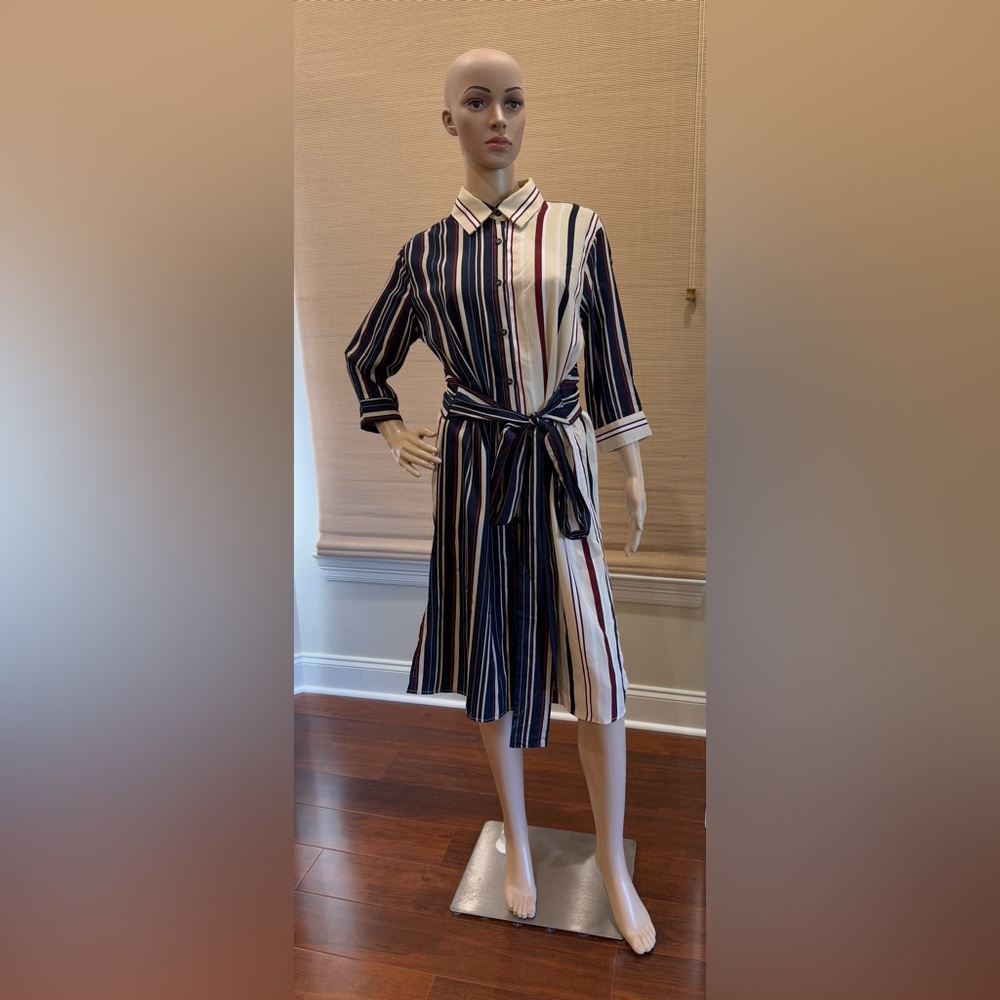 Fate Navy, wine, and Cream Striped Midi Dress